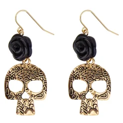NEU Ohrringe Totenkopf Gold mit Schwarzer Rose für Halloween, Pirat & Co.