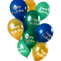 NEU Premium-Latex-Luftballons Happy Birthday, Green-Gold, 33cm, 12 Stk.