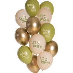 NEU Premium-Latex-Luftballons Happy Birthday, Let's Party, Golden Olive, 33cm, 12 Stk.