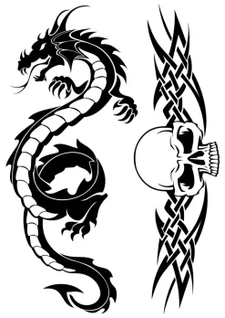 NEU Temporäres Tattoo-Motiv Reality, 10,5 x 14,8cm, Tribal Drache und Totenkopf