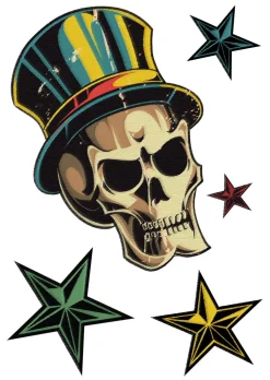 NEU Temporäres Tattoo-Motiv Reality, 10,5 x 14,8cm, Vintage Totenkopf und Sterne