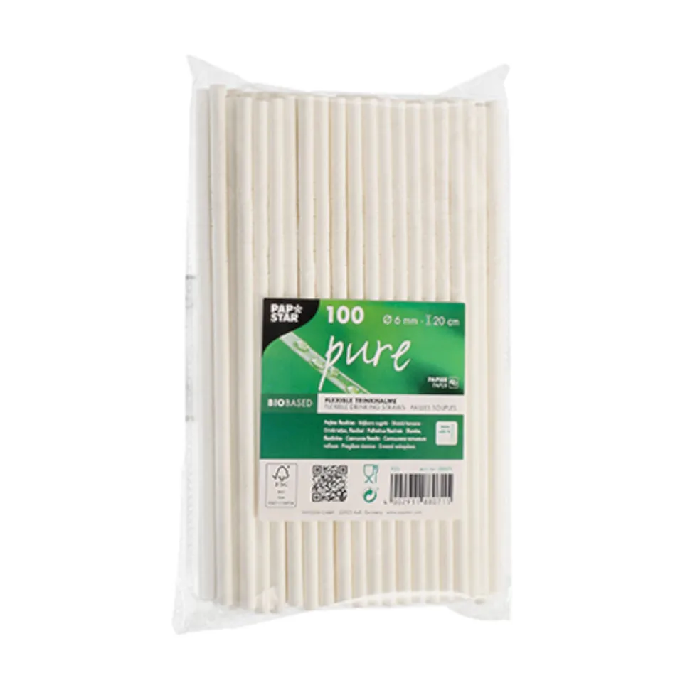 NEU Trinkhalme Pure aus Papier, flexibel, Ø 6 mm, 20 cm, 100 Stück, Weiß