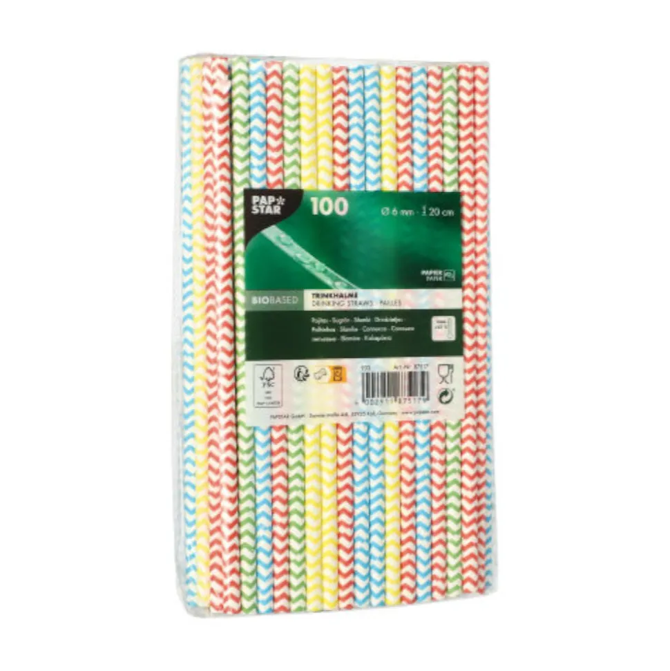 NEU Trinkhalme Pure aus Papier, Ø 6 mm, 20 cm, 100 Stück, Zig-Zag bunt