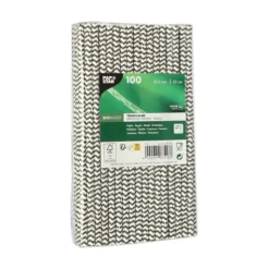 NEU Trinkhalme Pure aus Papier, Ø 6 mm, 20 cm, 100 Stück, Zig-Zag schwarz-weiß
