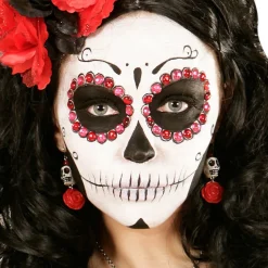 Ohrringe mit weißem Totenkopf und roter Rose