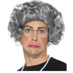 Oma-Set, grau, mit Perücke, Brille und Perlenkette