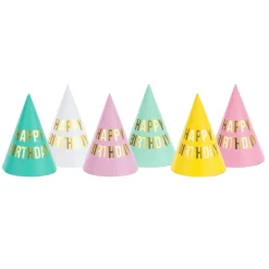 Partyhüte Happy Birthday / Geburtstag – Farbig sortiert – 16 cm – 6 Stück