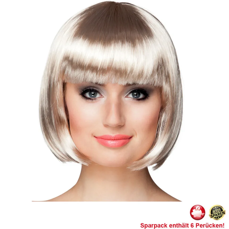 Perücke Damen Foxy Bob, Pagenkopf mit Pony, Cabaret, platin - SPARPACK mit 6 Stück