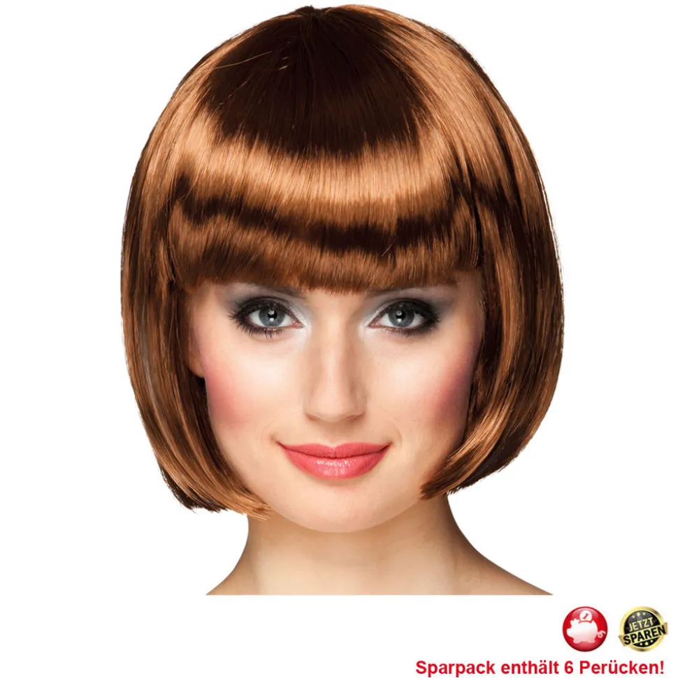 Perücke Damen Foxy Bob, Pagenkopf mit Pony, Cabaret, braun - SPARPACK mit 6 Stück