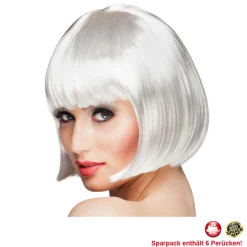Perücke Damen Foxy Bob, Pagenkopf mit Pony, Cabaret, weiß - SPARPACK mit 6 Stück