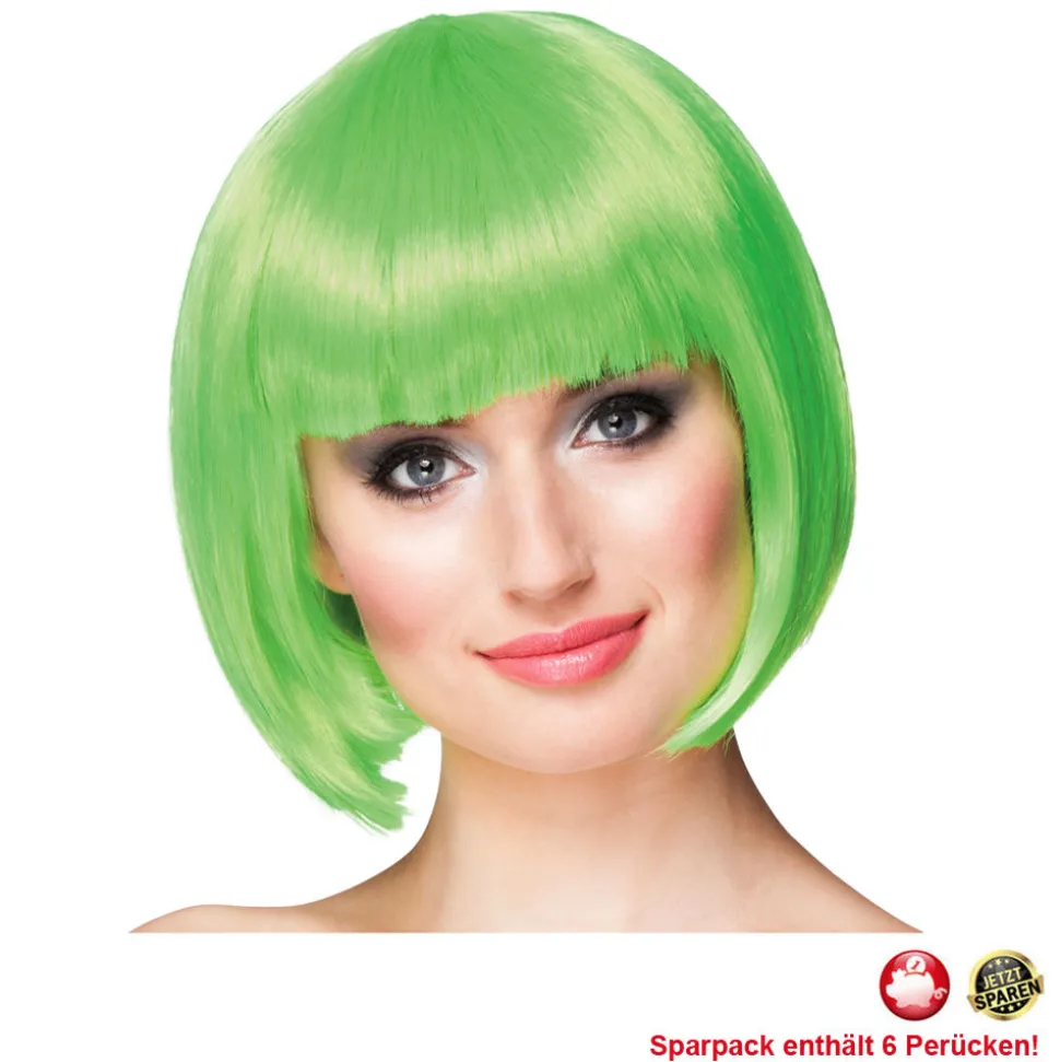 Perücke Damen Foxy Bob, Pagenkopf mit Pony, Cabaret, kiwigrün - SPARPACK mit 6 Stück