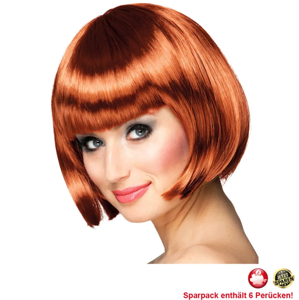 Perücke Damen Foxy Bob, Pagenkopf mit Pony, Cabaret, kupfer - SPARPACK mit 6 Stück