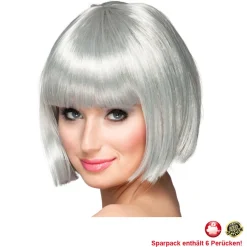 Perücke Damen Foxy Bob, Pagenkopf mit Pony, Cabaret, silbergrau - SPARPACK mit 6 Stück