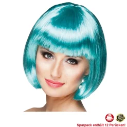 Perücke Damen Foxy Bob, Pagenkopf mit Pony, Cabaret, türkis - SPARPACK mit 12 Stück