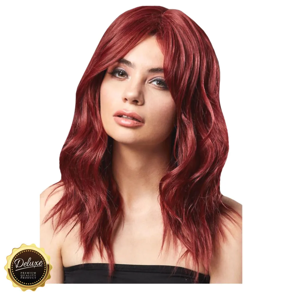 Perücke Damen Halblang, Gestuft und wellig mit Mittelscheitel, Premium-Qualität, Ashley, rubinrot