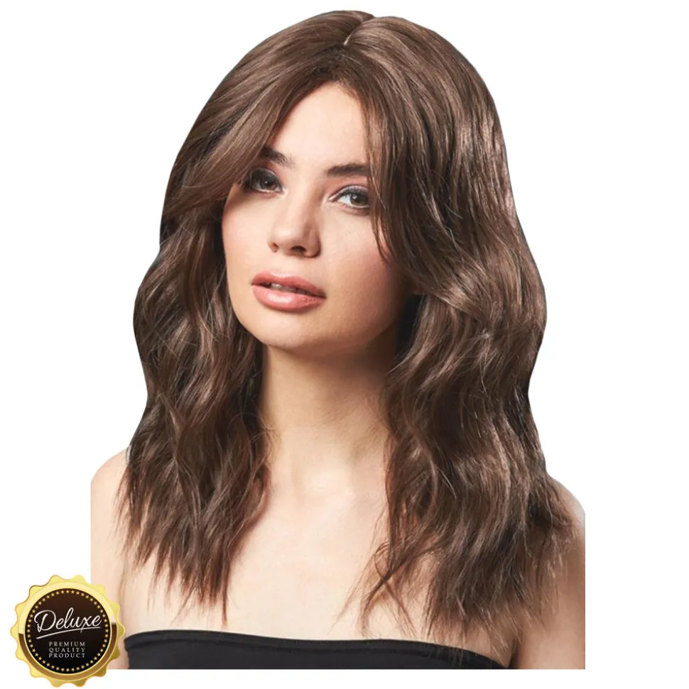 Perücke Damen Halblang, Gestuft und wellig mit Mittelscheitel, Premium-Qualität, Ashley, braun