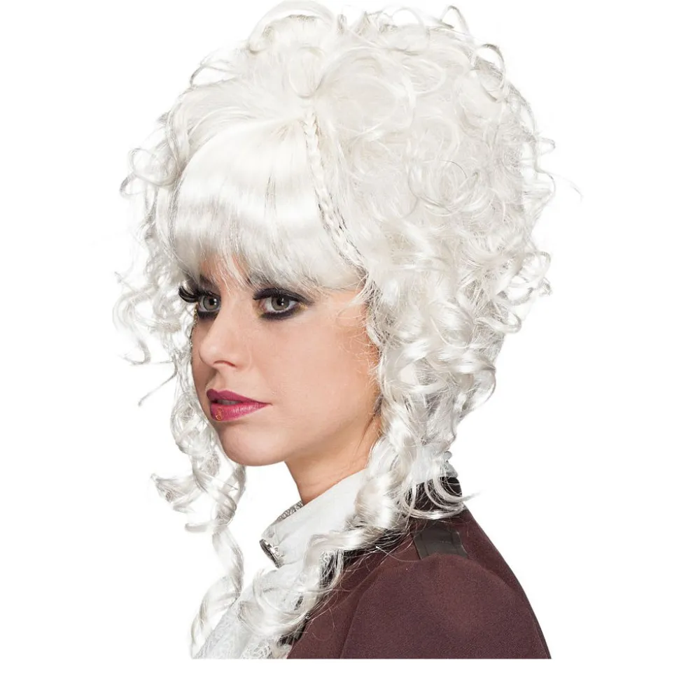 Perücke Damen Hochsteckfrisur mit Pony, leicht gelockt, Steampunk Barock, weiß