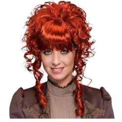 Perücke Damen Hochsteckfrisur mit Pony, leicht gelockt, Steampunk Barock, mahagoni