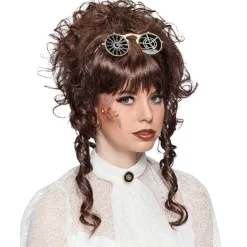 Perücke Damen Hochsteckfrisur mit Pony, leicht gelockt, Steampunk Barock, braun