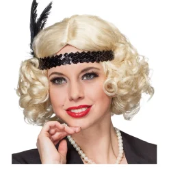 Perücke Damen Kurzhaar Bob Pagenkopf mit Locken und Paillettenband, Charlston 20er, Flirty Flapper, blond