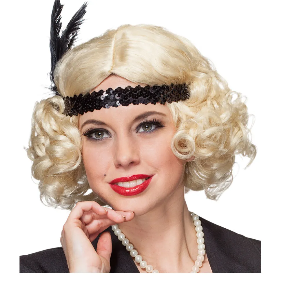 Perücke Damen Kurzhaar Bob Pagenkopf mit Locken und Paillettenband, Charlston 20er, Flirty Flapper, blond