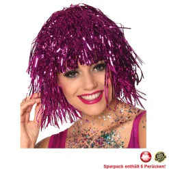 Perücke Damen Lametta Folie, Disco, pink - SPARPACK mit 6 Stück