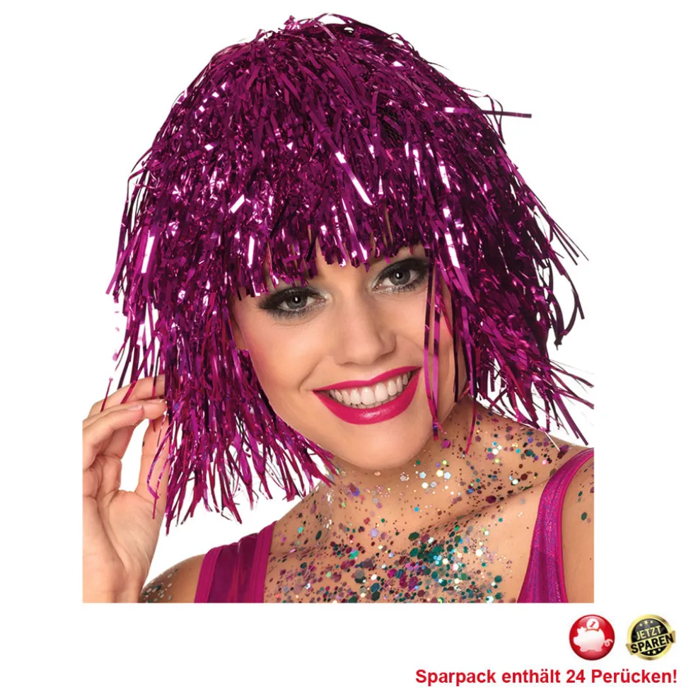 Perücke Damen Lametta Folie, Disco, pink - SPARPACK mit 24 Stück
