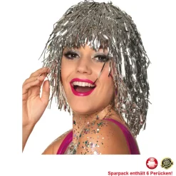 Perücke Damen Lametta Folie, Disco, silber - SPARPACK mit 6 Stück