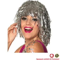 Perücke Damen Lametta Folie, Disco, silber - SPARPACK mit 24 Stück