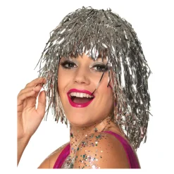 Perücke Damen Lametta Folie, Disco, silber - SPARPACK mit 24 Stück
