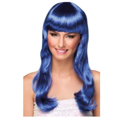 Perücke Damen Langhaar glatt mit Pony, Party Chique, blau