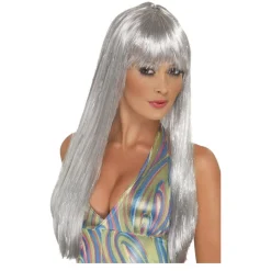 Perücke Damen Langhaar mit Pony Glitzer Disco, Space, silber