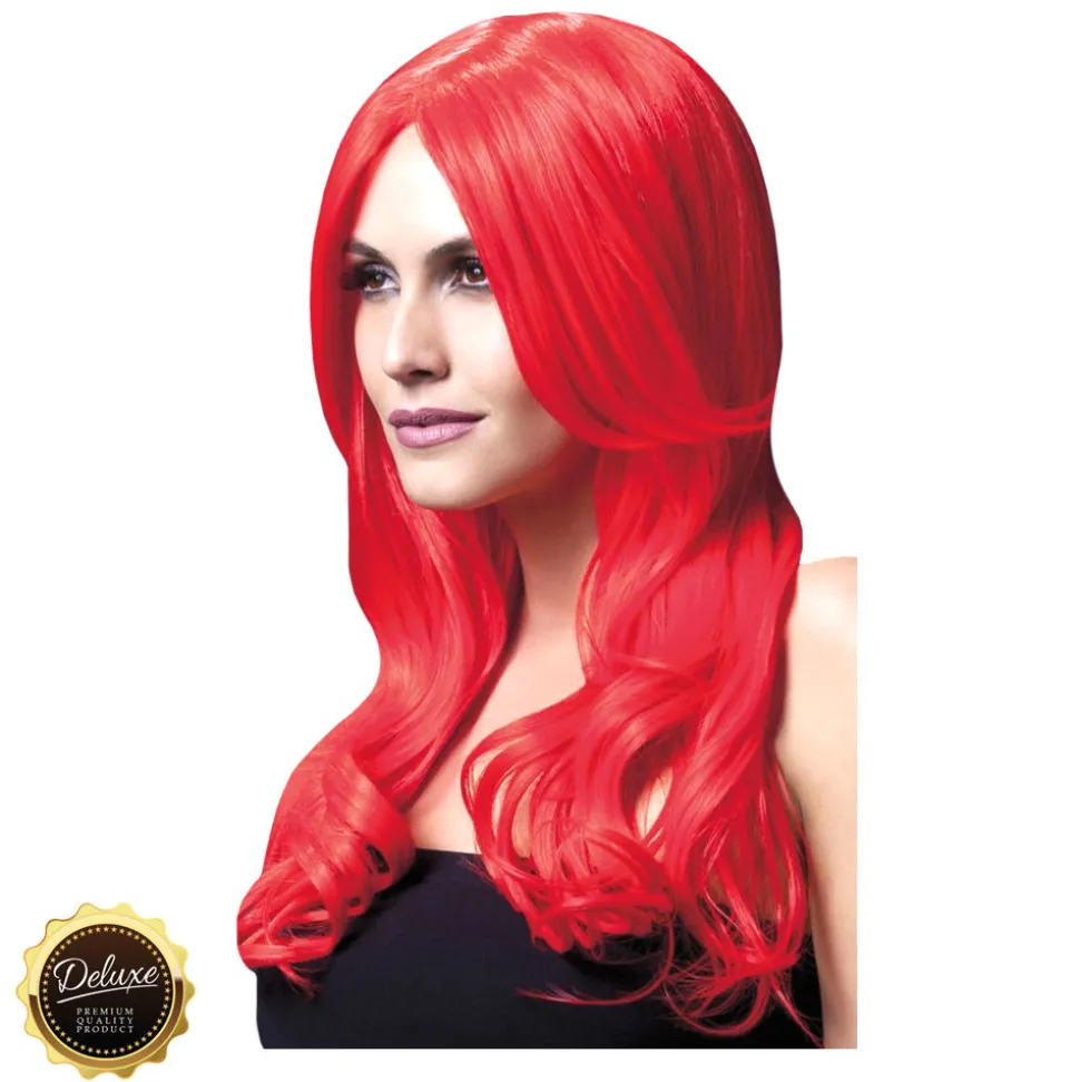 Perücke Damen Langhaar, Wellig mit Mittelscheitel, Premium-Qualität, Khloe, neon-rot