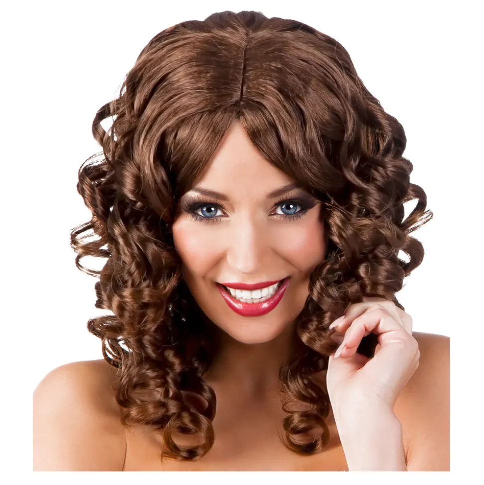 Perücke Damen Mittelscheitel schulterlange Locken, Cocktail, braun