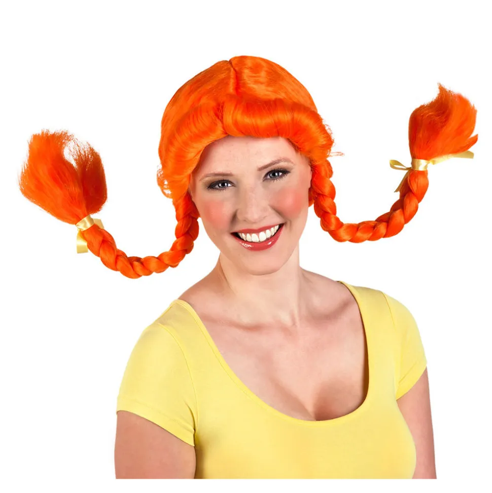 Perücke Damen mit zwei geflochtenen Zöpfen und Pony Heidi, orange