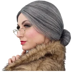 Perücke Damen Oma Großmütterchen mit Knoten Dutt und Brille, silbergrau