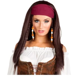 Perücke Damen Piratin mit Kopftuch, Trinity, braun