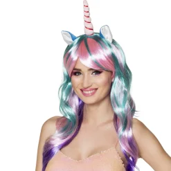 Perücke Einhorn Tagtraum mit Horn und Ohren, pink-bunt