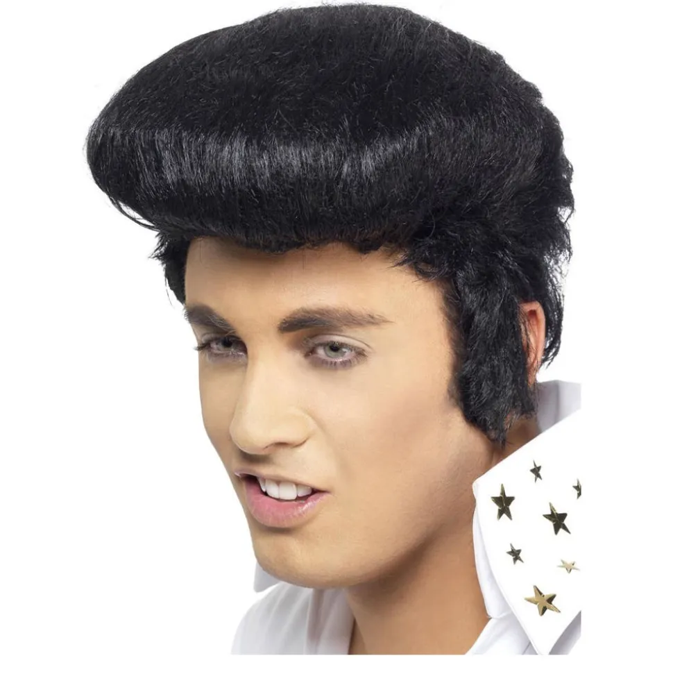 Perücke Herren Elvis Deluxe Rock 'n Roll mit Koteletten, schwarz