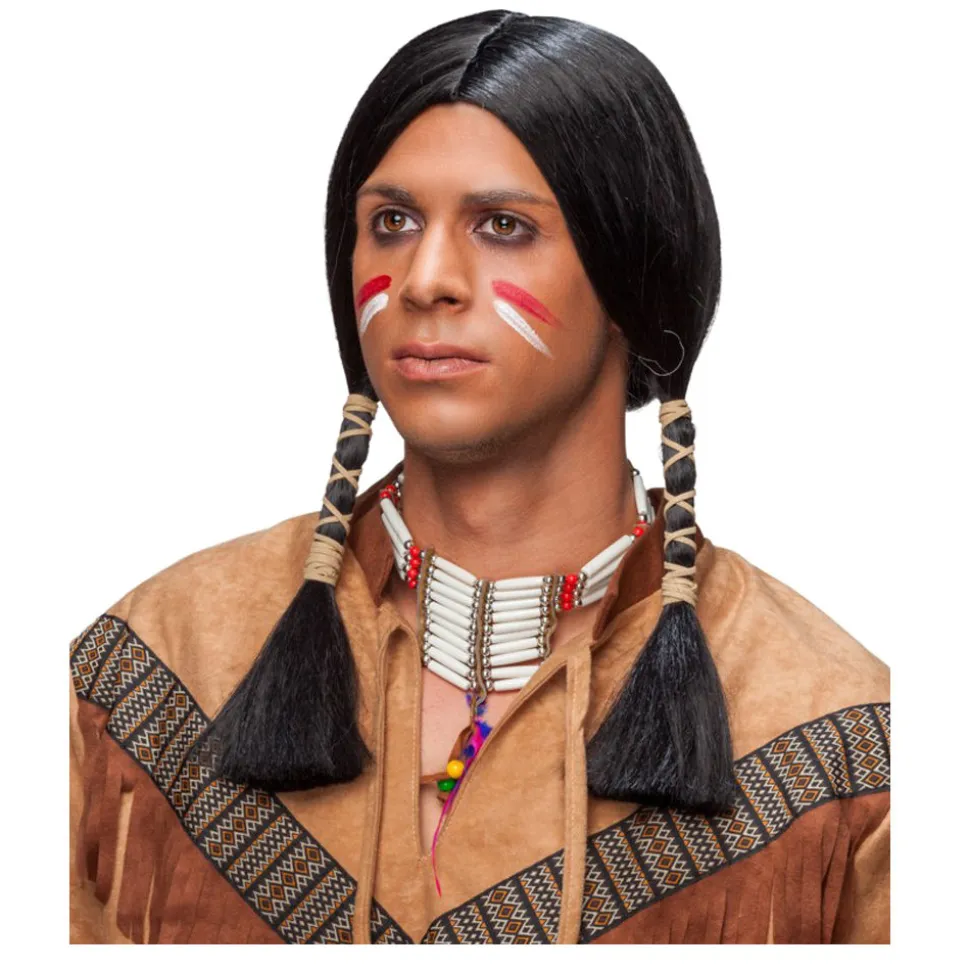 Perücke Herren Indianer mit zwei gefochtenen Zöpfen, schwarz