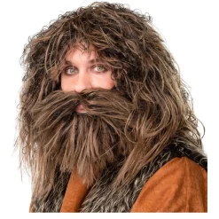 Perücke Herren Neandertaler, Höhlenmensch, Steinzeit, Set Perücke und Bart, gesträhnt, braun