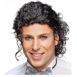 Perücke Herren Popstar Michael, Zopf im Nacken, schwarz