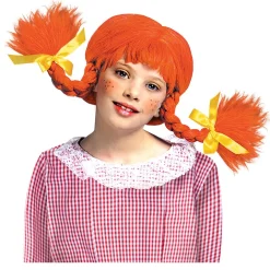 Perücke Kinder Mädchen mit zwei geflochtenen Zöpfen und Pony, freches Mädchen, Wildfang, orange