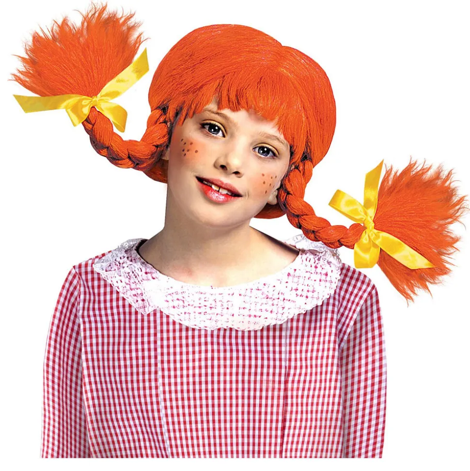 Perücke Kinder Mädchen mit zwei geflochtenen Zöpfen und Pony, freches Mädchen, Wildfang, orange