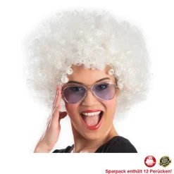 Perücke Unisex Damen Super-Riesen-Afro Locken, weiß - SPARPACK mit 12 Stück