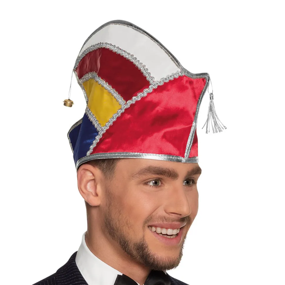 Prinzenmütze rot-weiß-gelb-blau mit Schmuck
