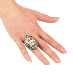 Ring, silber, mit weißem Totenkopf und Strass