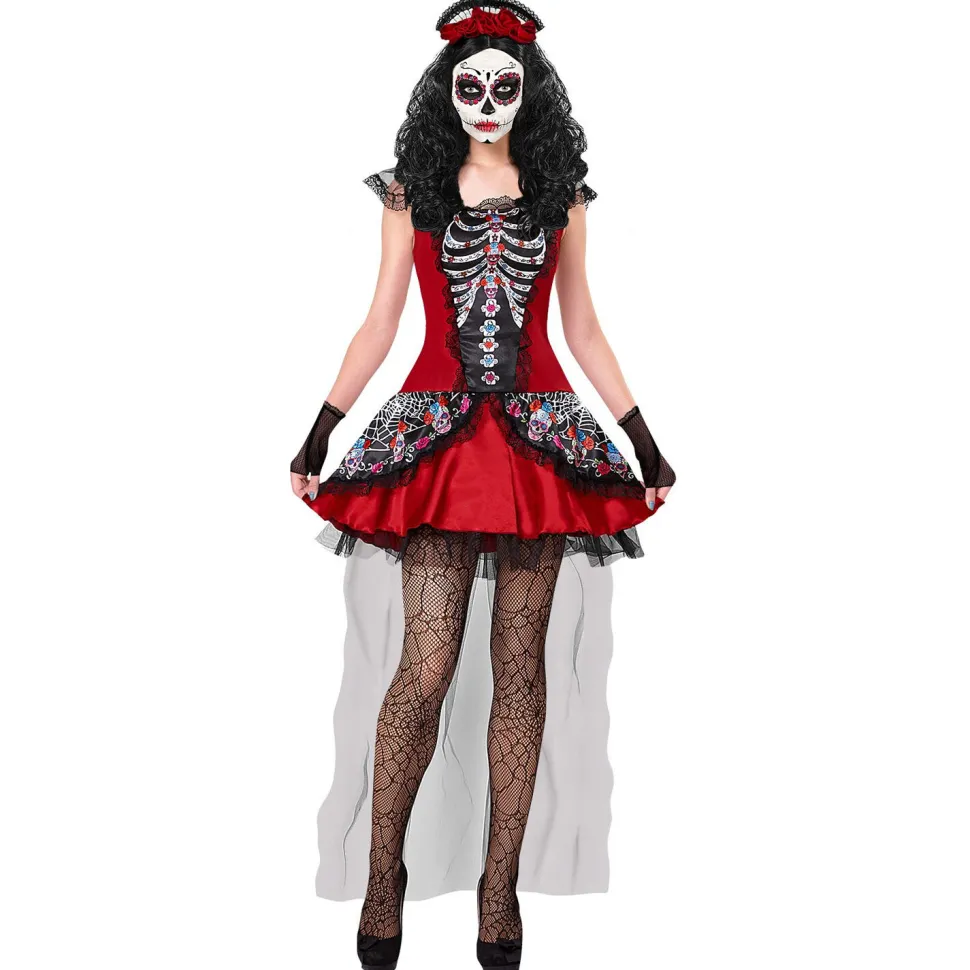 SALE Damen-Kostüm Day of the Dead, Kleid mit Handschuhen und Kopfschmuck, Gr. XS