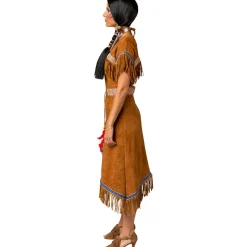 SALE Damen-Kostüm Kleid Indianerin, elastisches Midi Kleid mit Fransen und Gürtel, Gr. 34-36