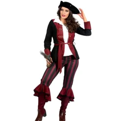 SALE Damen-Kostüm Piratin, 3-tlg. mit Hose, Jacke und Gürtel, burgund-schwarz, Gr. 36
